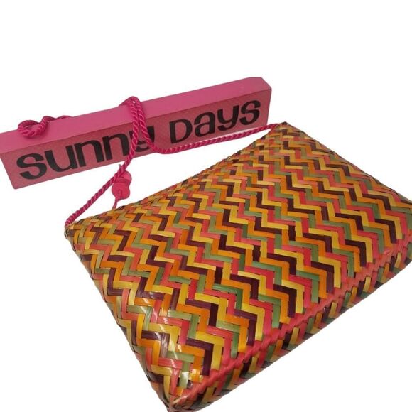 Colored Woven Rattan Handbag with Satin Cord Handle. - Picture 1 of 11